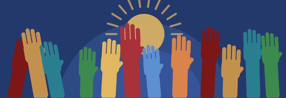 Colorful raised hands representing community involvement